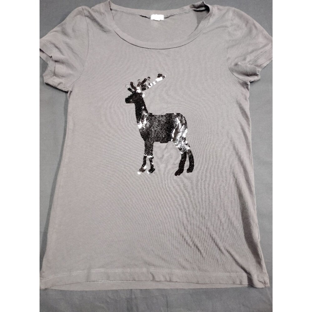 J. Crew Gray Short-Sleeve Soft Tee with Black Sequin Deer Silhouette